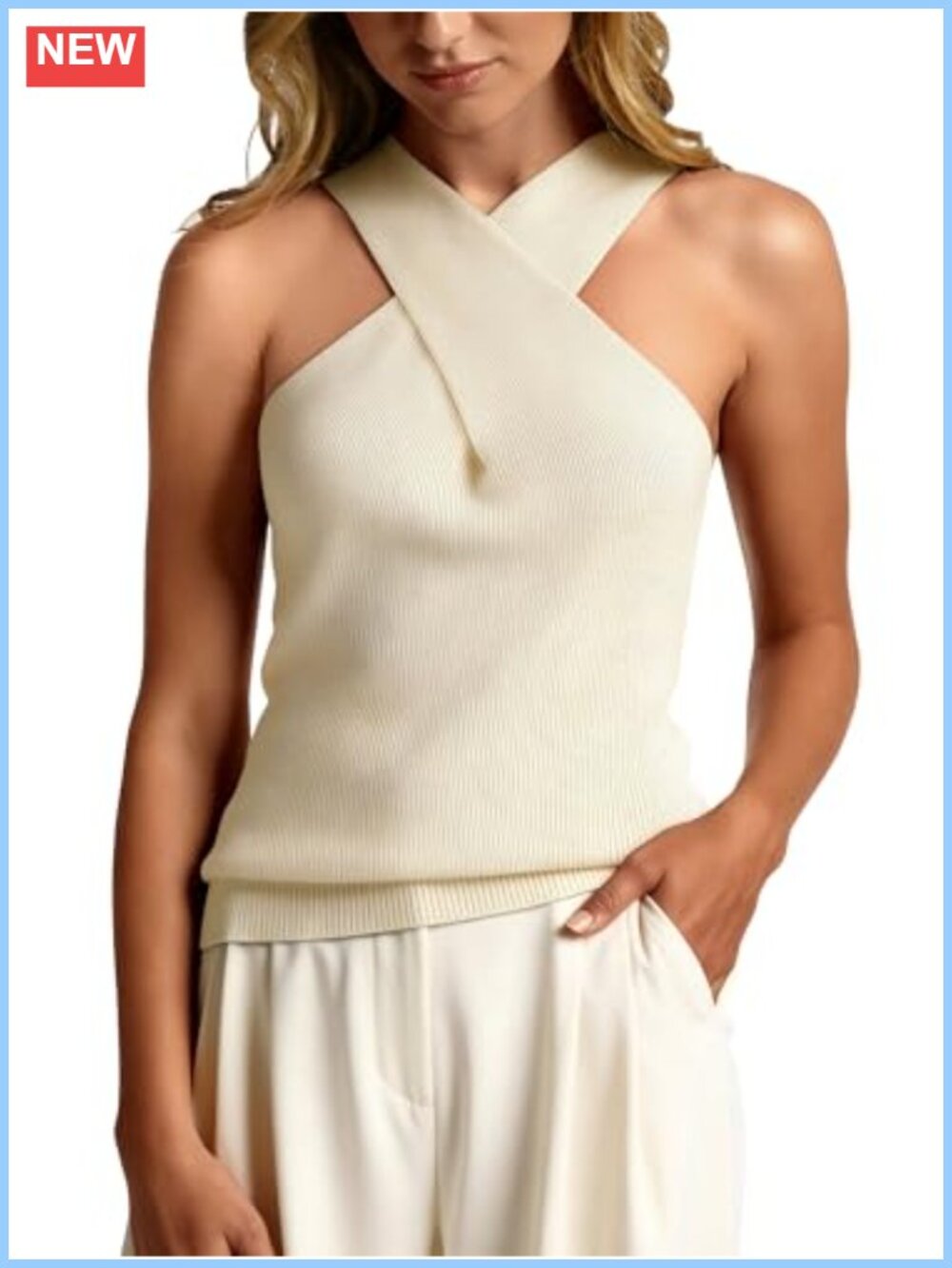 Womens Halter Neck Crossover Sleeveless Knit Tank Top Dressy Summer